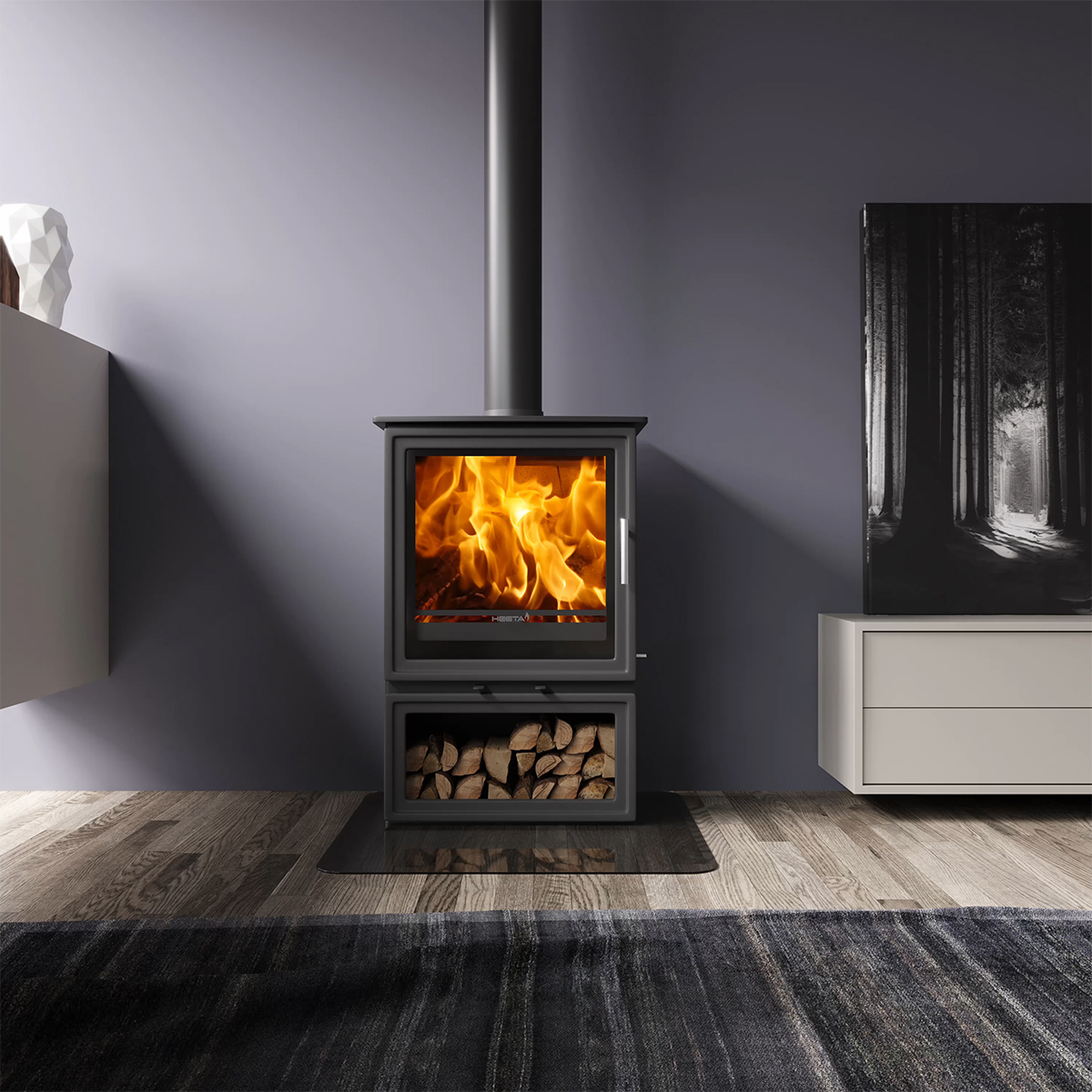 SAfire Heeta 600 Timberbox Log Base Wood Fireplace | On Fire
